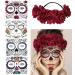 4 Kits Day of the Dead Sugar Skull Temporary Face Tattoo Makeup Tattoo for Men and Women with 1 Rose Red Flower Crown Headband for Halloween Costume