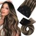 Moresoo Clip in Hair Extensions Real Human Hair Balayage Clip in Human Hair Extensions Natural Black to Dark Brown with Caramel Blonde Human Hair Extensions Clip in 14 Inch 5 Pieces/70g #1B/3/27 35 cm #1B/3/27