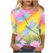3/4 Length Sleeve Shirts for Women 2024 Casual Summer Blouses Crewneck Floral Printed Cute Tops Loose Fit Pullover