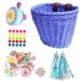 Suerico Girls Bike Decorations Accessories Kit,Kids Bike Basket Hand Woven Bicycle Basket,Child Bike Wheel Spoke Beads,Bike Streamers Tassel Ribbon, Bike Horn Bell and Stickers blue