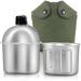 Military Canteen Cookware Set Include 1 QT Military Army Aluminum Alloy Canteen 0.5 QT Multi-Functional Water Bottle with Grab Handled Cup Green Canvas Cover Bag for Outdoor Camping Hiking
