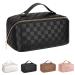 Large Capacity Travel Cosmetic Bag - Portable Makeup Bags for Women Waterproof PU Leather Checkered Makeup Organizer Bag with Dividers and Handle,Toiletry Bag for Cosmetics, Black