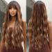 Allbell Long Wave Brown Highlight Wigs with Bangs for Women Synthetic Hair Dark Roots Brown Mixed Blonde