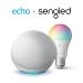 Echo (4th Gen) | Glacier White with Sengled Bluetooth Color bulb | Alexa smart home starter kit