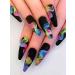 24pcs Rainbow Black Coffin Fake Nail Black Striped Press on Nails Rainbow Black Coffin Nails Luxurious Nails Acrylic Nails Fake Nails For Women Girls