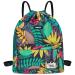 WANDF Drawstring Backpack String Bag Sackpack Cinch Water Resistant Nylon for Gym Shopping Sport Yoga Leaf Blue