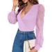 Fayenne Womens Tops Deep V Neck Cross Wrap Sexy Tops Polka Dot Mesh Long Sleeve T Shirt Casual Blouses S Lilac Purple