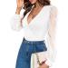 Fayenne Womens Tops Deep V Neck Cross Wrap Sexy Tops Polka Dot Mesh Long Sleeve T Shirt Casual Blouses M White