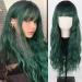 MERISIHAIR Long Dark Green Wig with Bangs,Ombre Curly Green Wig for Women,Long Dark Green Cosplay Wig Synthetic Natural Looking for Daily and Party Drak Green