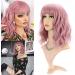 FAELBATY Short Wave Pink Bob Wig with Bangs - Shoulder Length Curly Wavy Synthetic Cosplay Wig for Women and Girls - Pastel Pink Costume Wig - Buy Online on GoSupps.com