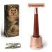 ANYMALE Safety Razor Wooden Handle with 5 ASTRA Replacement Blades - Women's and Men's Set (Rose Gold with Stand)