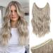 One piece Invisible Wire Hair Extensions Clip in Natural Wavy Synthetic Hair Extension with Transparent Wire Adjustable Size 2 Secure Clips Headband Long Curly Secret Hair Pieces for Women 16inch Pearl Platinum Blonde