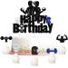 G-LOVELY'S Gym Happy Birthday Cake Toppers Glitter Fitness Themed Double Sided Cake Decorations Blue Silver Cupcake Toppers Kettlebell Dumbbell Energy Bottle Party Decor Supplies for Men Women Boys