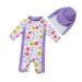Bonverano Baby Girls Swimsuit/Sunsuit UPF 50+ UV Protection One Pieces with Sun Cap (Purple Flowers 24-36Months) 2 Years Purple Flowers