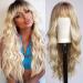 KOME Ombre Blonde Wigs for Women Long Wavy Wig with Bangs Curly Synthetic Wig for Party Cosplay Daily Use 24IN