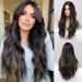 EMMOR Long Black Wig for Women 26 Inch Natural Synthetic Hair Middle Part Curly Wavy Wigs With Blonde Highlight Black Highlight
