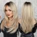 7JHH WIGS Long Blonde Wig with Bangs for Women Heat Resistant Fiber 25 Inch Layered Synthetic Hair Wigs with Dark Roots for Daily Use Ombre Blonde