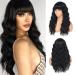X-TRESS 20 Inches Synthetic Black Wavy Wigs with Bangs Synthetic Natural Curly Bang Black Wigs for Women Synthetic Hair Heat Resistant Fiber Hair Wigs for Daily Party Black Wig(1B) Black-20 Inch