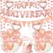 Happy Anniversary Banner Decorations - Happy Anniversary Decorations Set Includes Rose Gold Anniversary Cake Topper Letters Love Foil Balloons for Wedding Anniversary Party Decorations Rose Gold Anniversary Day Decorations