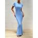 Maxi Dress for Women Short Sleeve Solid Color Round Neck Sexy Soft Elegant Long Bodycon Dresses M Blue - Buy Online on GoSupps.com