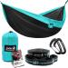 Lightweight Double Camping Hammock - Adjustable Tree Straps & Ultralight Carabiners Included - Two Person Best Portable Parachute Nylon Hammocks for Hiking, Backpacking, Travel & Backyard - Easy Setup Black/Sky Blue