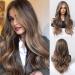 HAIRCUBE Long Brown Wavy Wigs for Women with Highlights Synthetic Curly Hair Wig with Middle Parting Mixed Brown with Highlights
