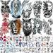 Hotoyannia 62 Sheets Black Large-Size Temporary Tattoos Stickers for Women Men and Girl, Includes 10 Large-Size Fake Tattoos That Look Real and Last Long, Halloween Tattoos Include Black Scary Wolf Lion Tiger Skeleton Skul