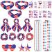 28 Pcs July 4th Accessories Kit  3 American Flag Headband Independence Day Hair Band 7 Patriotic Hair Scrunchies 2 Pairs USA Flag Star Heart Earrings 10 Sheets Temporary 6 Star Bead Necklaces