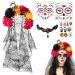 Day of The Dead Costume Accessories Day of the Dead Headpiece Veil Choker Necklace Halloween Face Temporary Tattoos Women