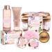 Bath and Body Gift Basket For Women Cherry Blossom Home Spa Set Body Lotion Shower Gel Extra Large Bath Bomb Body Butter Body Scrub Bath Crystal Puff & Rose Gold Cosmetic Bag