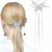 Ypkia 3D Large Butterfly Tassel Hair Stick Silver Hair Sticks Vintage Rhinestone Pearl Hair Pin Shiny Hair Stick for Women and girls