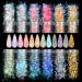 Allstarry 12 Colors Mermaid Nail Chunky Glitter Ultra-Thin Fluorescent Glass Paper Irregular Iridescent Sequin Flakes Glitters Sticker for Nails Art Decoration Hair Eyes Face Body DIY Craft Mermaid Glitter
