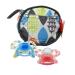 3-part set of newborn essentials multi-colored cotton-paci bag for storing snulls blue and pink geo silicone pacifier with bite ring BPA-free travel utensils 0 + months