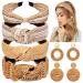 NVENF 6Pack Straw Headbands Rattan Earrings for Women Boho Raffia Straw Knotted Hairband Wide Woven Twist Hair Hoop Summer Beach Headwear Hair Accessory Style 2