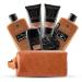 Luxury Mens Bath and Body Gift Set Basket For Him - Smoky Sandalwood - All Natural Skin Care Kit For Men w. Full Size Body Wash Facial Scrub Body Lotion Deodorant in Leather Toiletry Bag