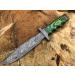 Perkin Knives Damascus Hunting Knife with Sheath - Bowie Hunting Knife (Green Wooden Handle and Damascus)