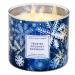 White Barn Bath and Body Works 3-Wick Candle w-Essential Oils - 14.5 oz - 2020 Holidays Scents (Frosted Coconut Snowball) White Soy Wax Blue and White Jar Print Gold Lid Transparent Glass