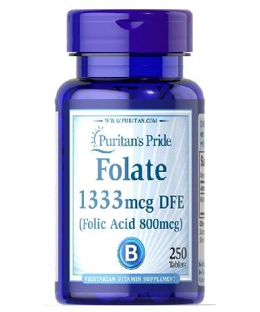 Puritan's Pride Folate 1333 mcg Folic Acid 800 mcg - 250 Tablets