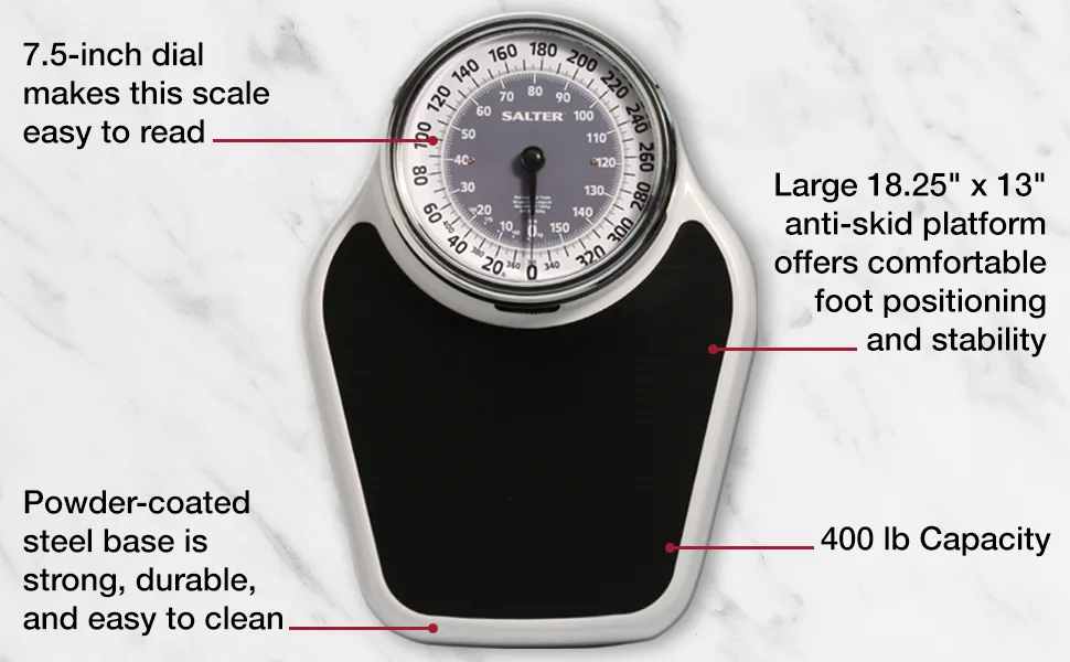 Salter Pro-Helix Professional Oversized Bathroom Scale with Black Vinyl Anti-Slip Bath Mat, 400 LB Capacity, Analog Scale, 18.25" x 13.0" Black/White - SALTER