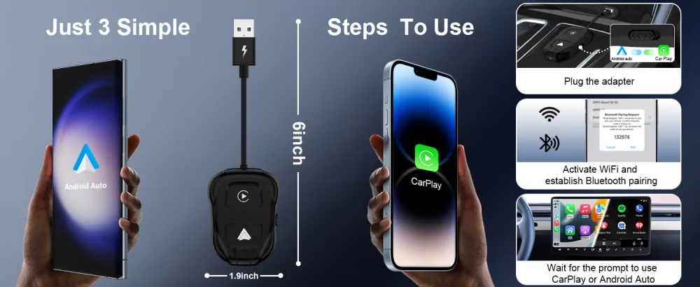 Wireless Carplay/Android Auto Adapter - 2024 Style Seamless OEM Wired Carplay/Android Auto Conversion, USB A/USB C Compatibility, Plug & Play Setup for Wireless Control - Wireless Carplay/Android Auto Adapter