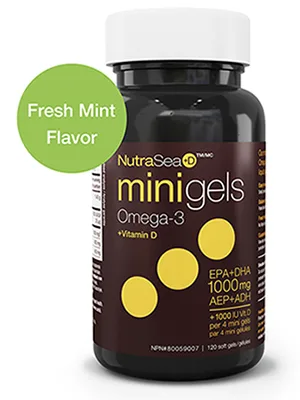 Ascenta NutraSea hp Omega-3 Extra Strength EPA Lemon Flavor 120 Softgels - NutraSea +D Mini gels Omega 3 + Vitamin D Fresh Mint Flavor Bottle Front