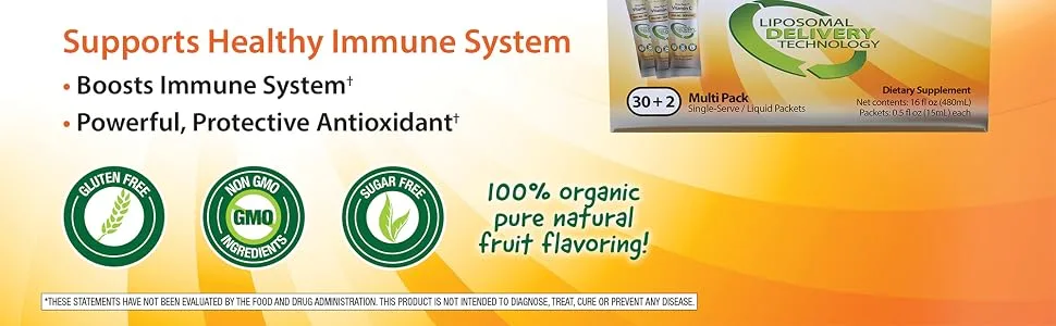 Aurora Nutrascience Mega-Liposomal Vitamin C 3000 mg 32 Single-Serve Liquid Packets 0.5 fl oz (15 ml) Each - Liposomal