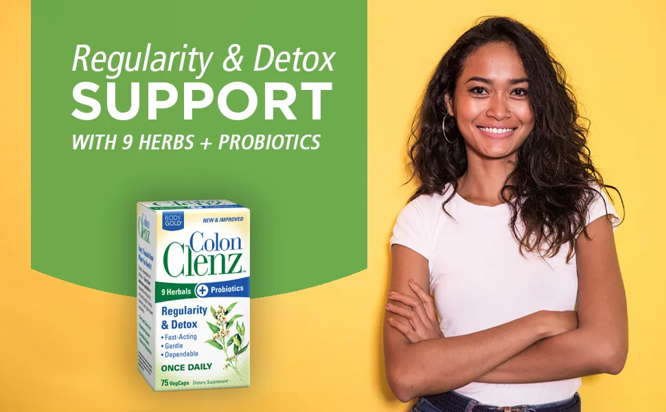 BodyGold Colon Clenz 75 VegCaps - BodyGold Colon Clenz Regularity & Detox Formula Once Daily Support with 9 Herbs + Active Probiotics