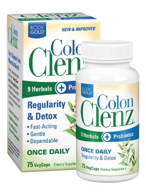 BodyGold Colon Clenz 75 VegCaps - BodyGold Colon Clenz Regularity & Detox Formula Once Daily Support with 9 Herbs + Active Probiotics