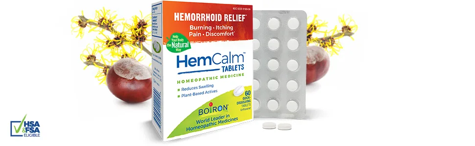 Boiron HemCalm Tablets Hemorrhoid Relief Unflavored 60 Quick-Dissolving Tablets - HemCalm Tablets with witch hazel and horse chestnut