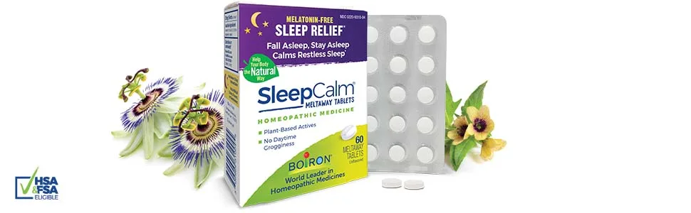 Boiron Sleep Calm Meltaway Tablets Unflavored  60 Meltaway Tablets - SleepCalm box and tablets with passionflower and hyoscamus