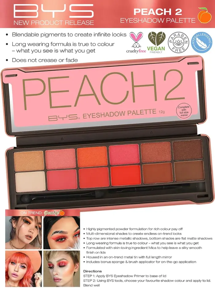BYS Peach 2 Eyeshadow Palette 12 g - peach 2 matte and metallic eyeshadow palette tin with applicator 12 shades