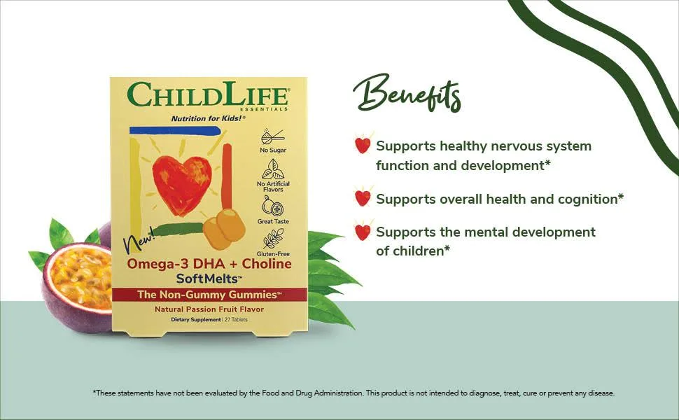 ChildLife Omega-3 DHA + Choline SoftMelts Natural Passion Fruit Flavor 27 Tablets - SoftMelt DHA Benefits