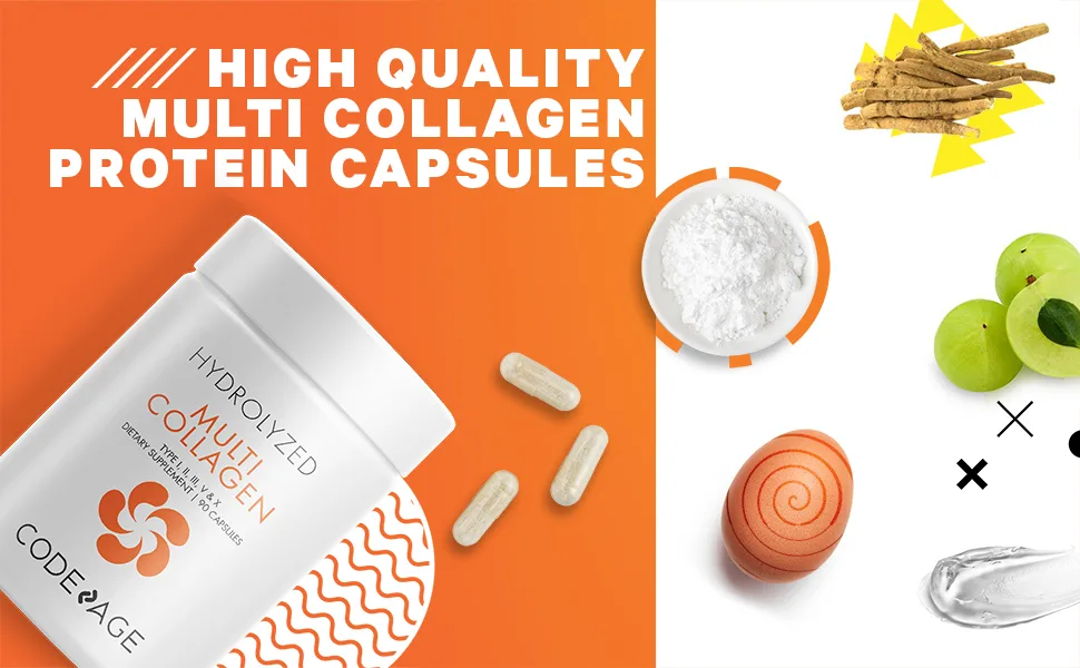 CodeAge Hydrolyzed Multi Collagen 90 Capsules - Codeage Multi Collagen Capsules - 5 Type Food Sources