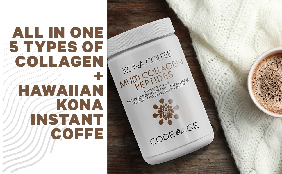 CodeAge Kona Coffee Multi Collagen Peptides Chocolate Mocha 14.39 oz (408 g) - Codeage Kona Multi Collagen Hydrolyzed Instant Coffee